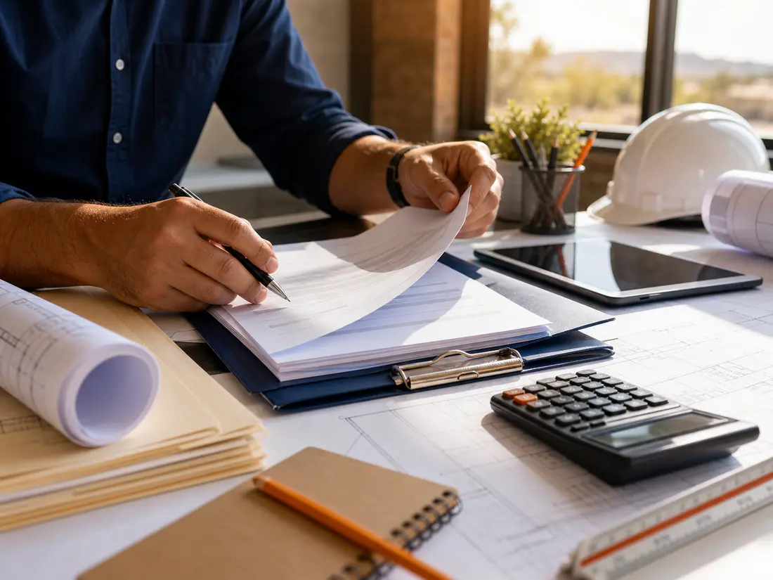 Contractor organizing payment documents and construction plans